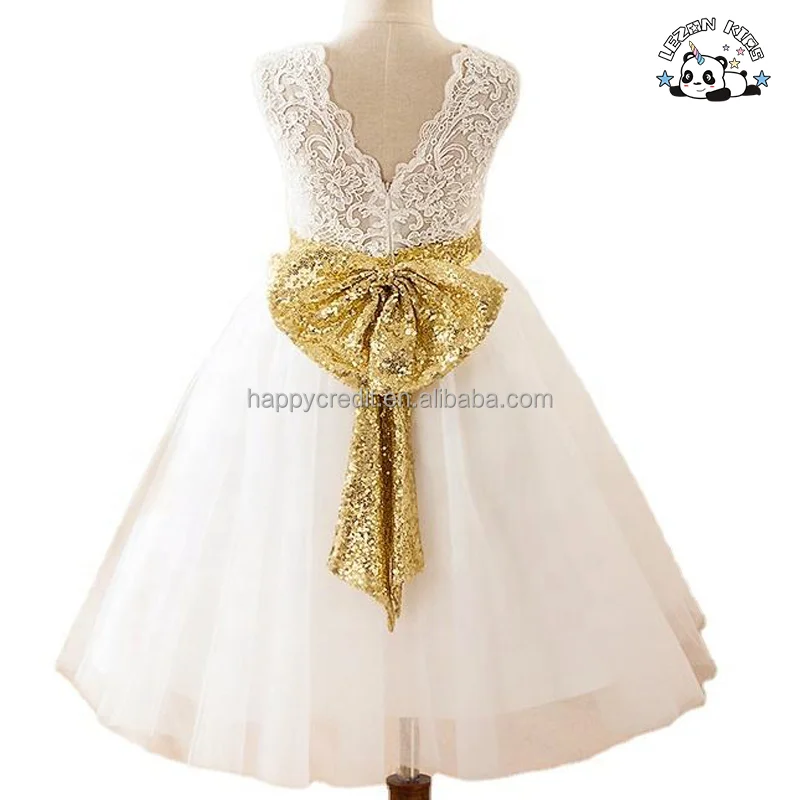 LEZONKIDS - Vestidos de Noiva para Meninas sem Mangas Brancos com Renda e Lantejoulas com Laço para Venda por Atacado